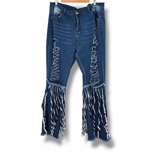 Distressed Ripped Frayed Hem Fringe Bell‎ Bottom Jeans Plus Size 3XL - Picture 1 of 11